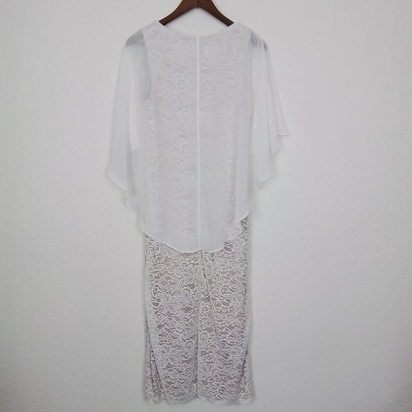 Glamour Nights White Size 6 Round Neck Lace Side Slit Midi Dress Flutter Sleeve - Picture 2 of 13